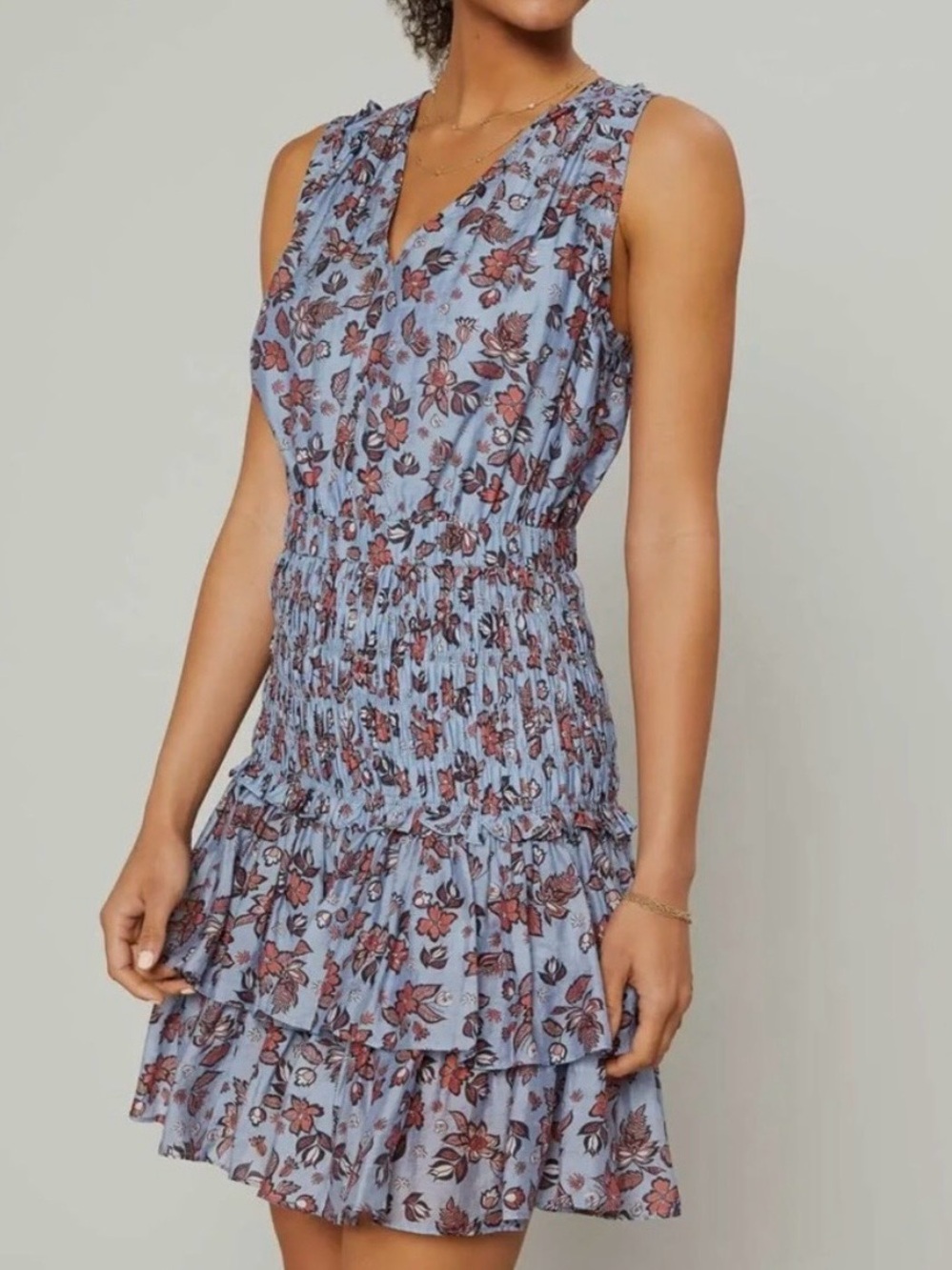 NWT Current Air Floral Smocked Tiered Mini Dress Blue Rust Fall Transition Small